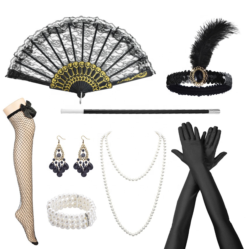 Nineteen Twenties Flapper Gatsby Costume Accent Set: Classic Pearl Necklace, Headband, and Gloves