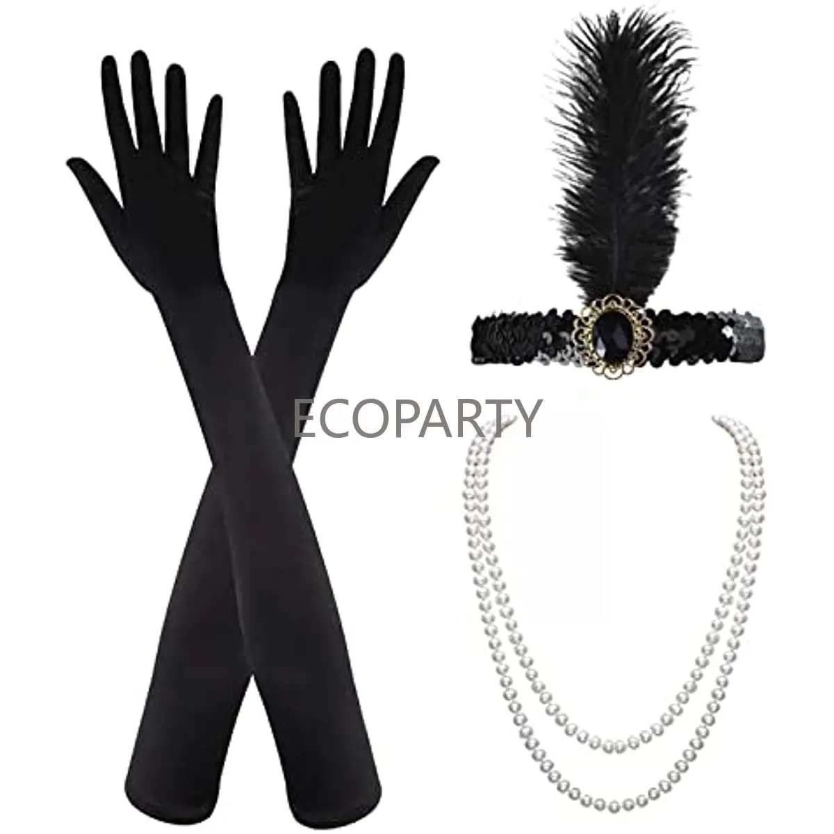 3-Piece Twenties Nice Gatsby Flapper Equipment Set for Ladies: Charleston Costume Headband, Lengthy Black Gloves, and Necklace