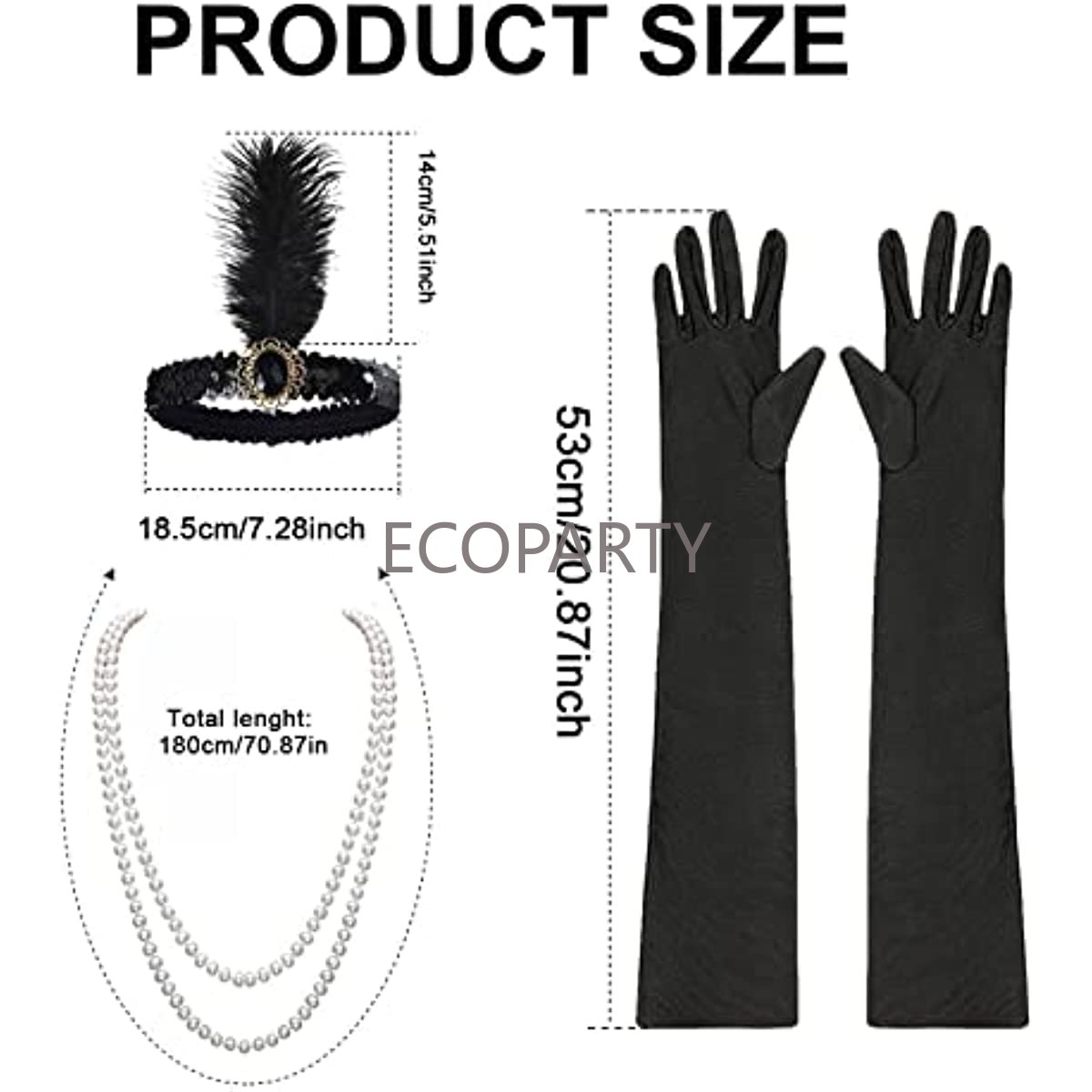 3-Piece Twenties Nice Gatsby Flapper Equipment Set for Ladies: Charleston Costume Headband, Lengthy Black Gloves, and Necklace