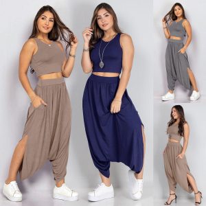 Customized Knit Plus Dimension Two-Piece Summer time Outfit for Ladies: Trendy Prime and Pants Set