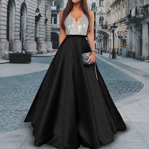 Lengthy Satin Night Gown with Sequins and Deep V Again for Promenade and Events