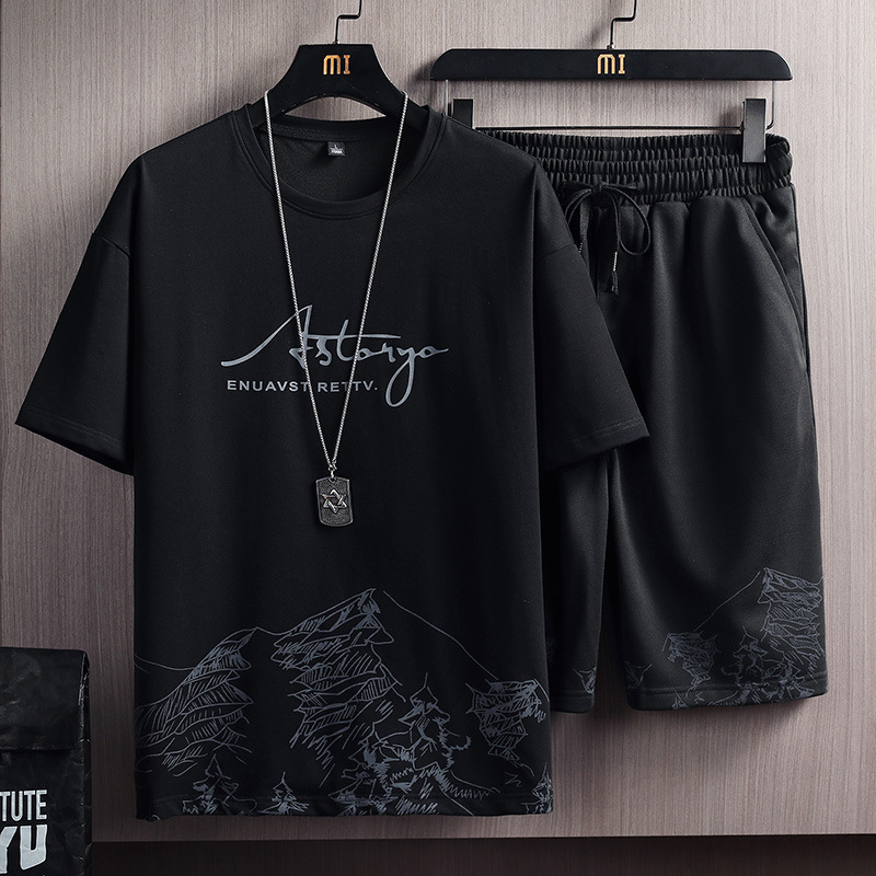 Males's Brief Sleeve T-Shirt Set with Snow Mountain Print - Korean Fashion Slim Match Plus Measurement Two-Piece Outfit