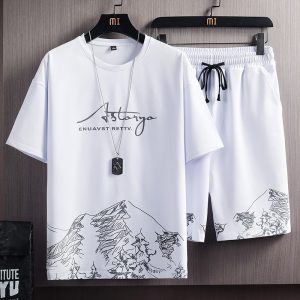 Males’s Brief Sleeve T-Shirt Set with Snow Mountain Print – Korean Fashion Slim Match Plus Measurement Two-Piece Outfit