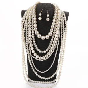 Multi-Layer Lengthy Pearl Necklace and Earrings Set – Elegant Costume Jewellery for Ladies for Weddings and Dinner Events