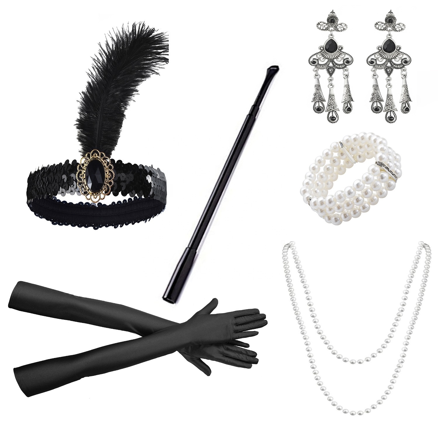 Nineteen Twenties Flapper Gatsby Costume Accent Set: Classic Pearl Necklace, Headband, and Gloves