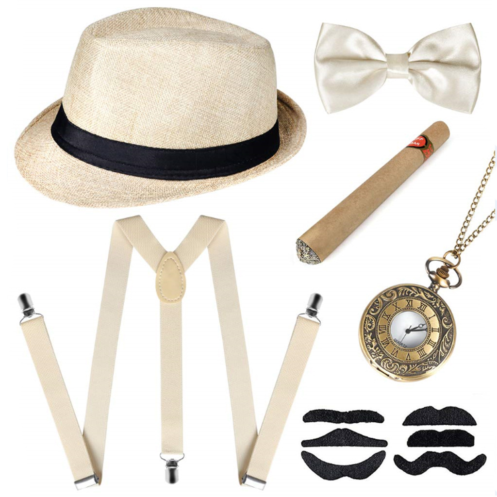 Nineteen Twenties Retro Gatsby Gangster Grandpa Equipment Set for Males - 20s Costume Ensemble