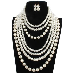 T6880 Wholesale Pearl Jewellery Set for Girls – Multi-Layer Necklace and Earrings Vogue Set